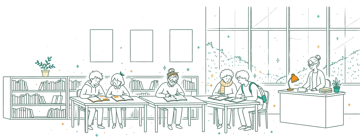 Dessin au trait : étudiants qui consultent des dossiers au centre de ressources.