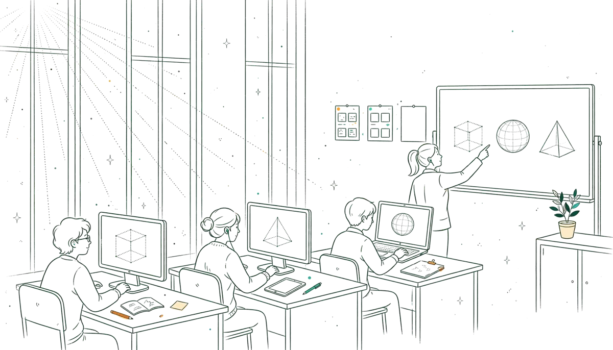 Dessin au trait : salle de travail avec écrans 3D
