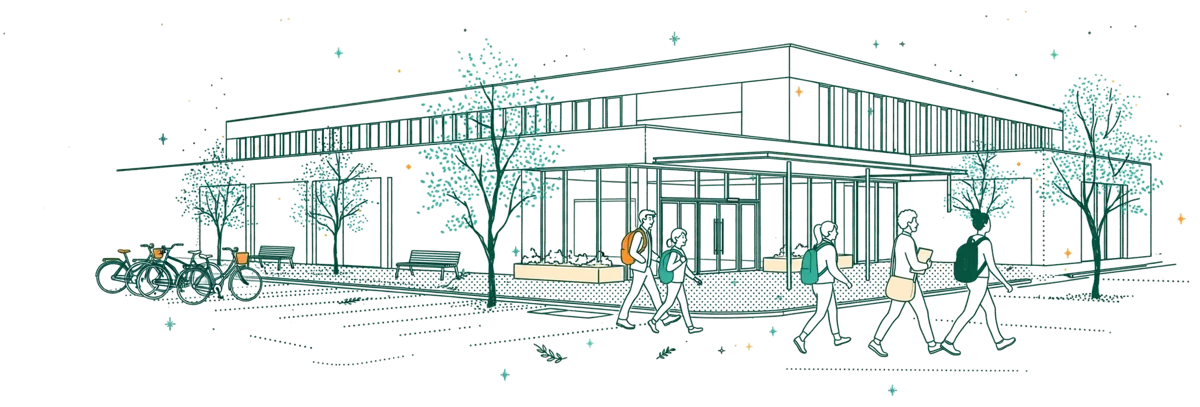 Dessin au trait : entrée du campus et étudiants sur le parvis