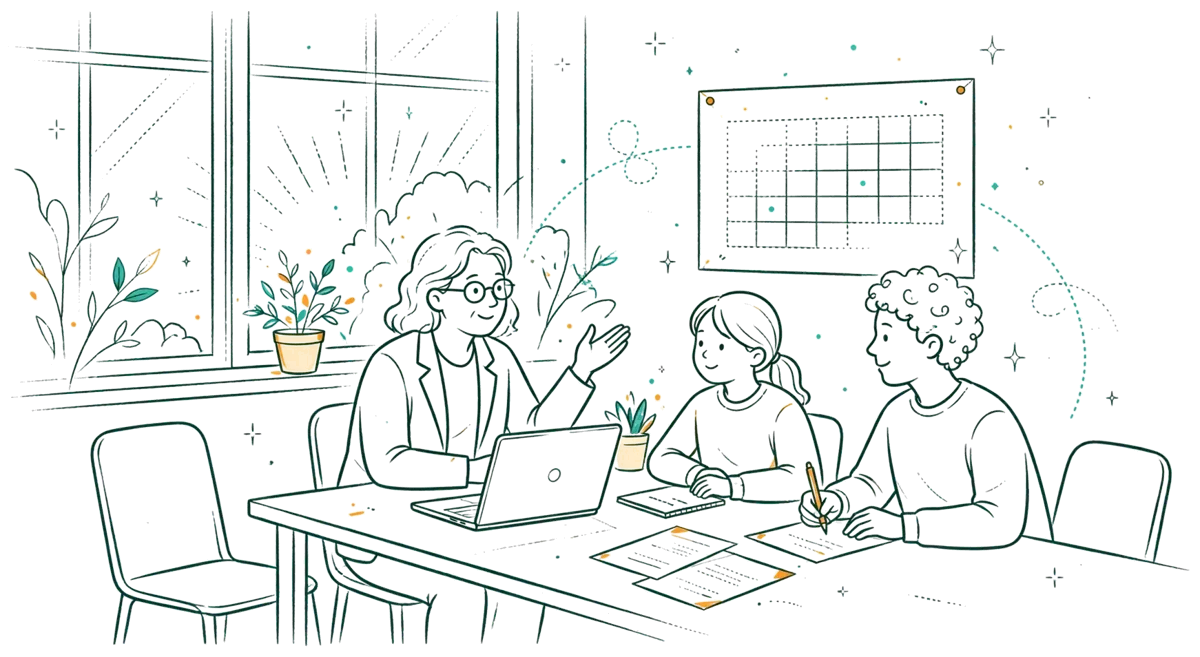 Dessin au trait : atelier coaching avec CV et préparation d'entretien