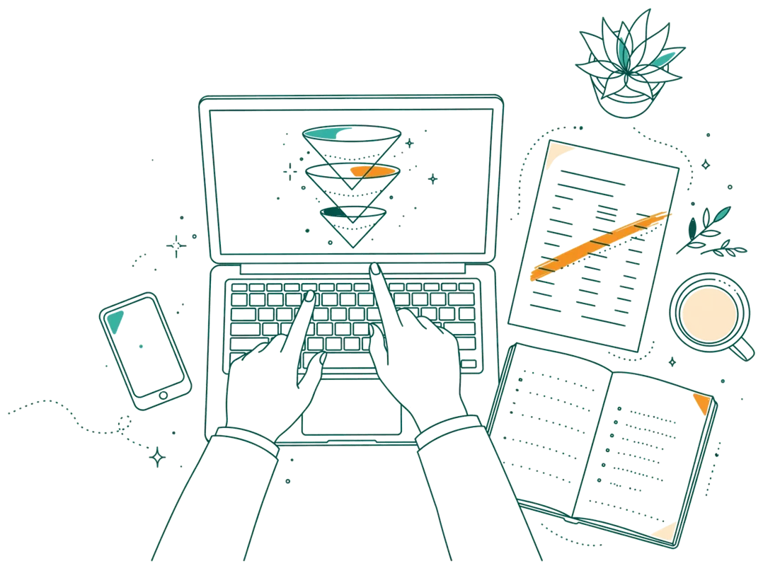 Dessin au trait : bureau avec écran de gestion client