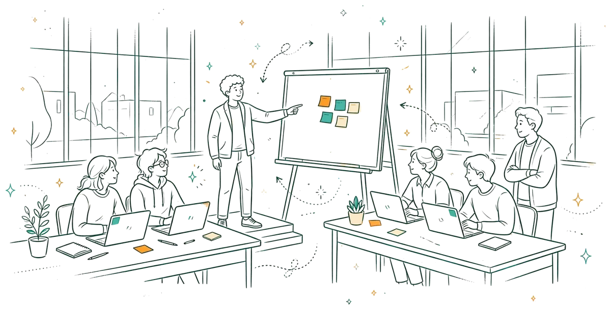 Dessin au trait : business game en équipe dans une salle de cours