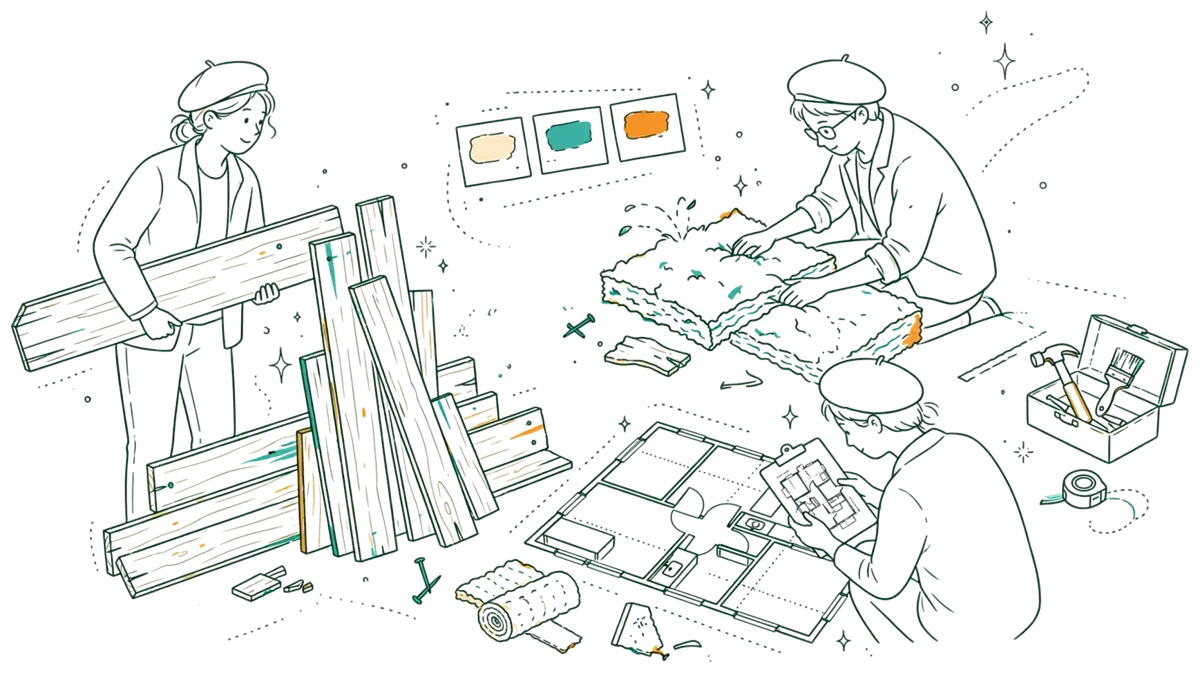 Dessin au trait : maquette de rénovation avec matériaux réemployés