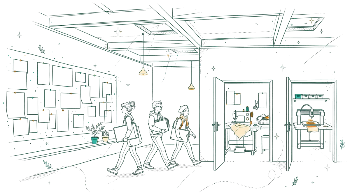 Dessin au trait : hall d’école d’art avec travaux affichés aux murs