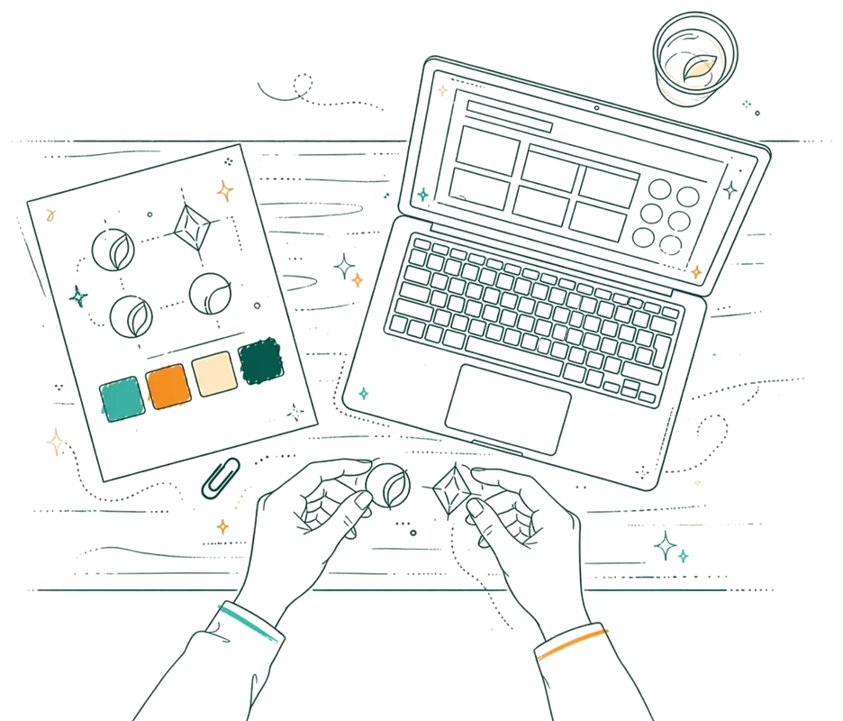 Dessin au trait : table de travail avec logos et nuancier