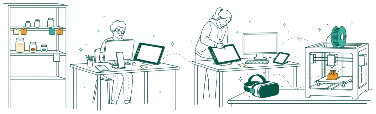 Dessin au trait : salle informatique avec tablettes graphiques et 3D