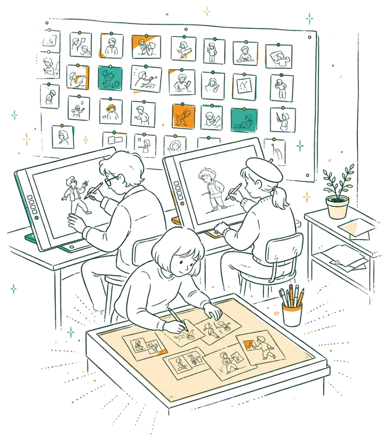 Dessin au trait : salle d’animation avec écrans et storyboard