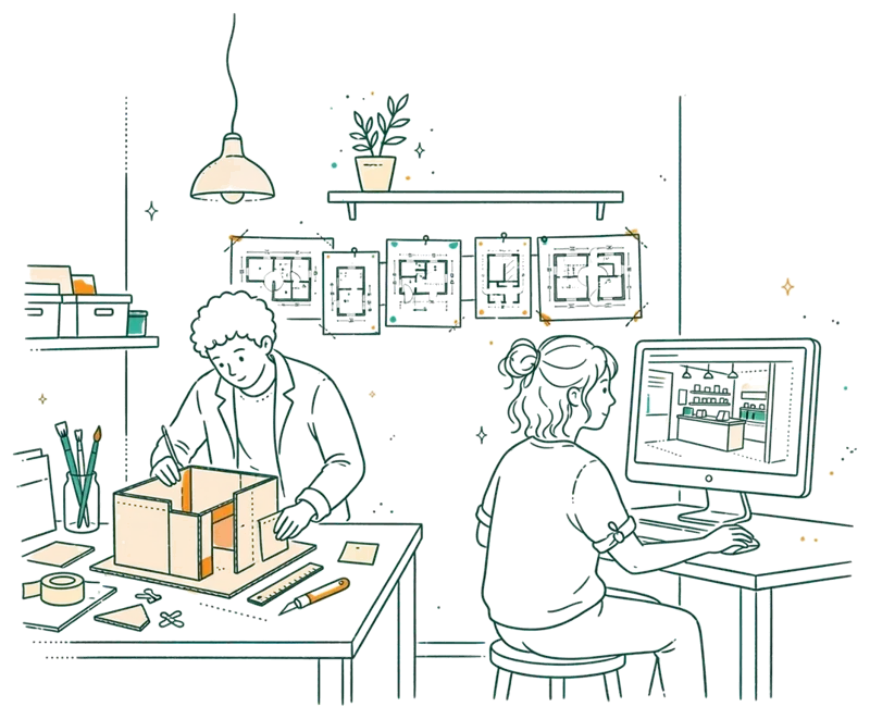 Dessin au trait : atelier d’espace avec maquette et plans