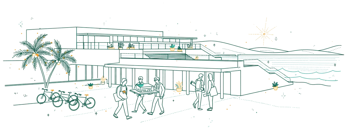 Dessin au trait : bâtiment de l'école entre mer et collines.