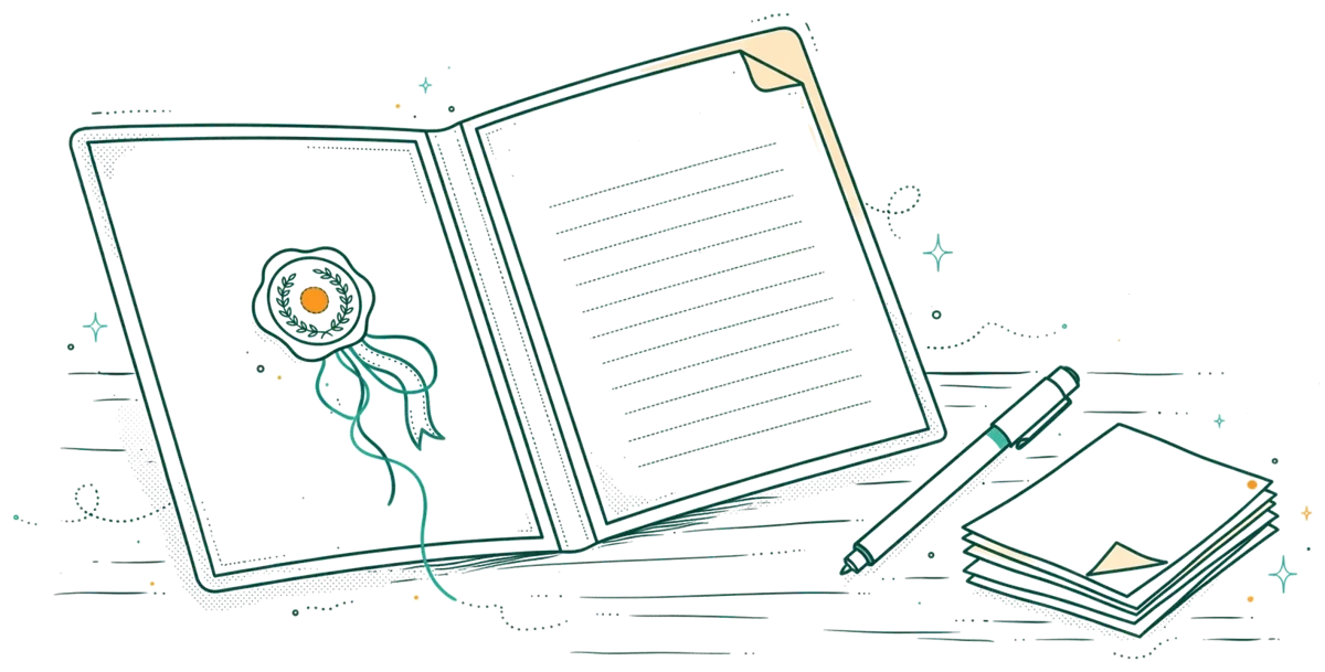 Dessin au trait : dossier de certification posé sur un bureau
