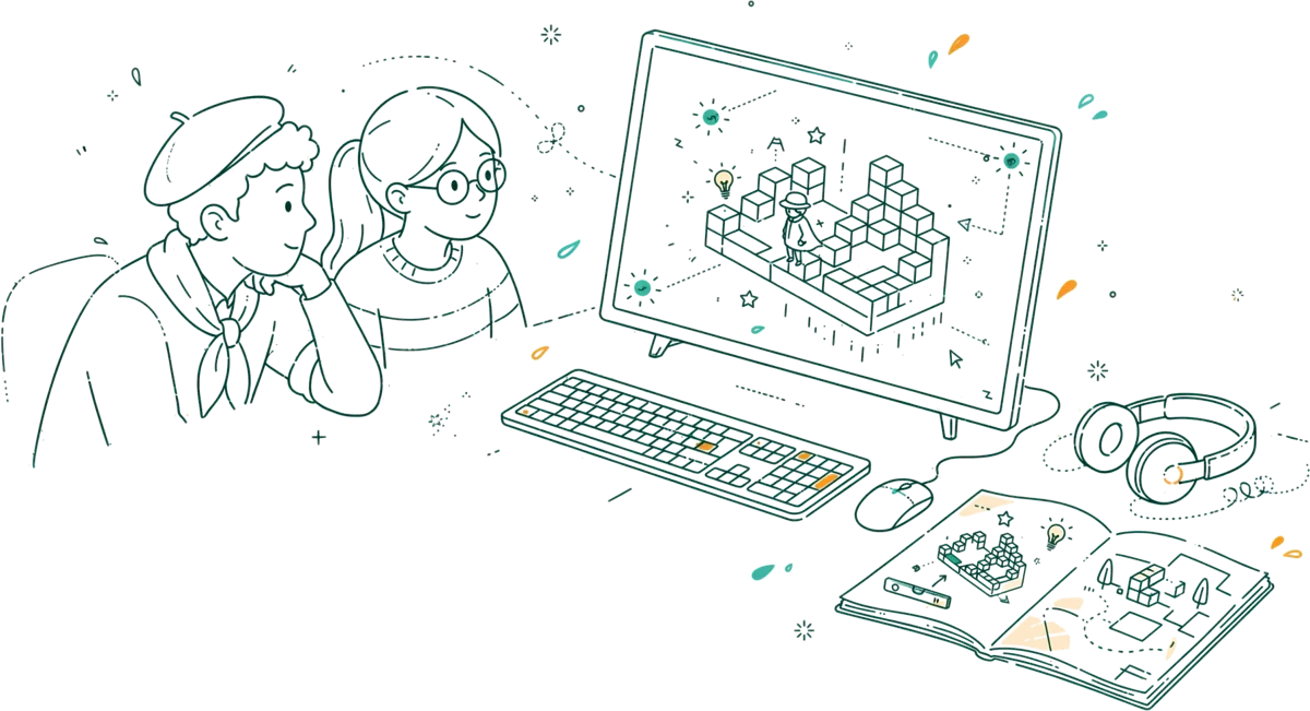 Dessin au trait : poste de travail avec niveau de jeu en 3D