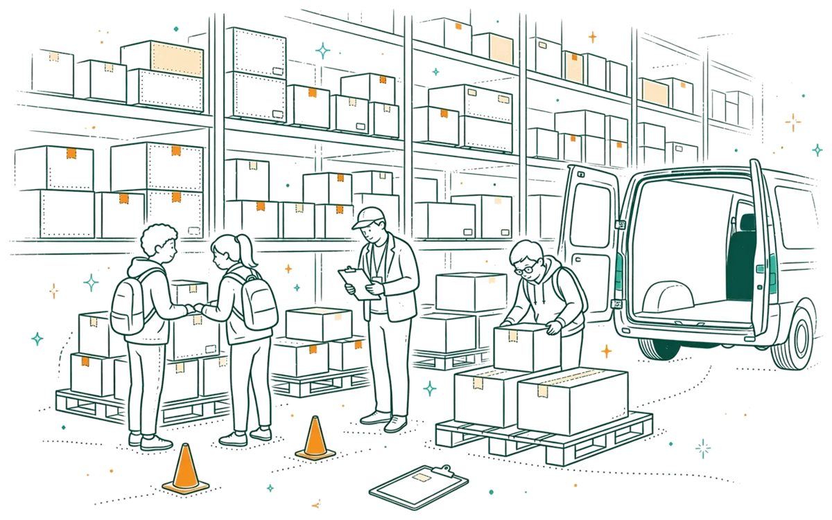 Dessin au trait : hall logistique avec palettes et fourgon