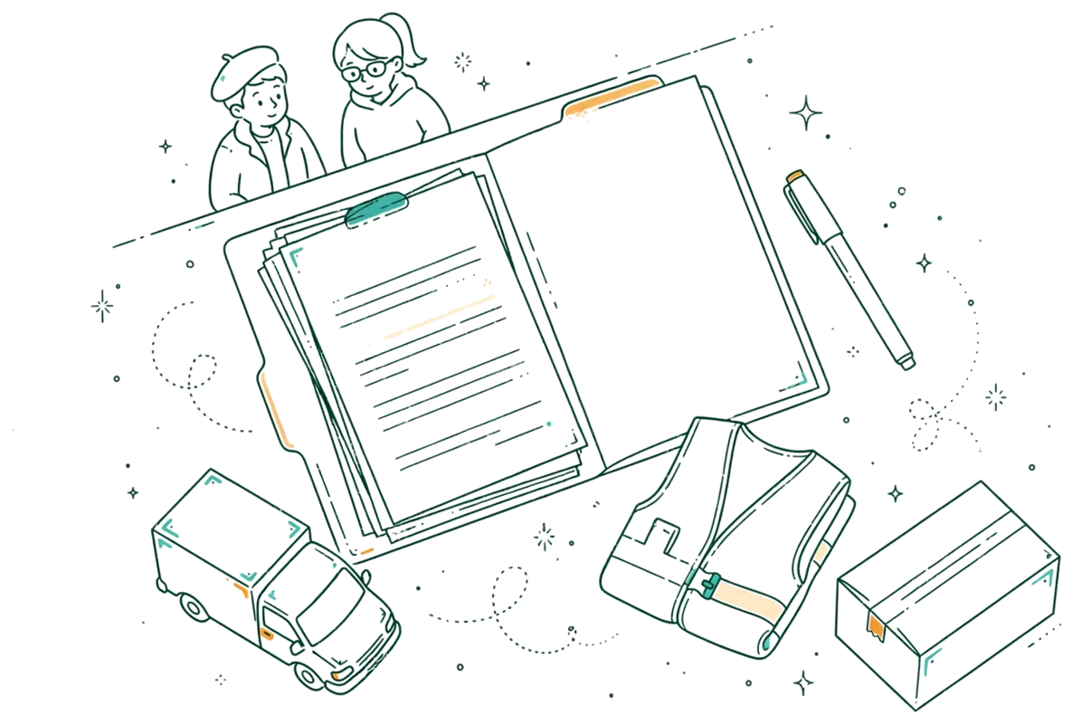 Dessin au trait : dossier de contrat et gilet sur bureau