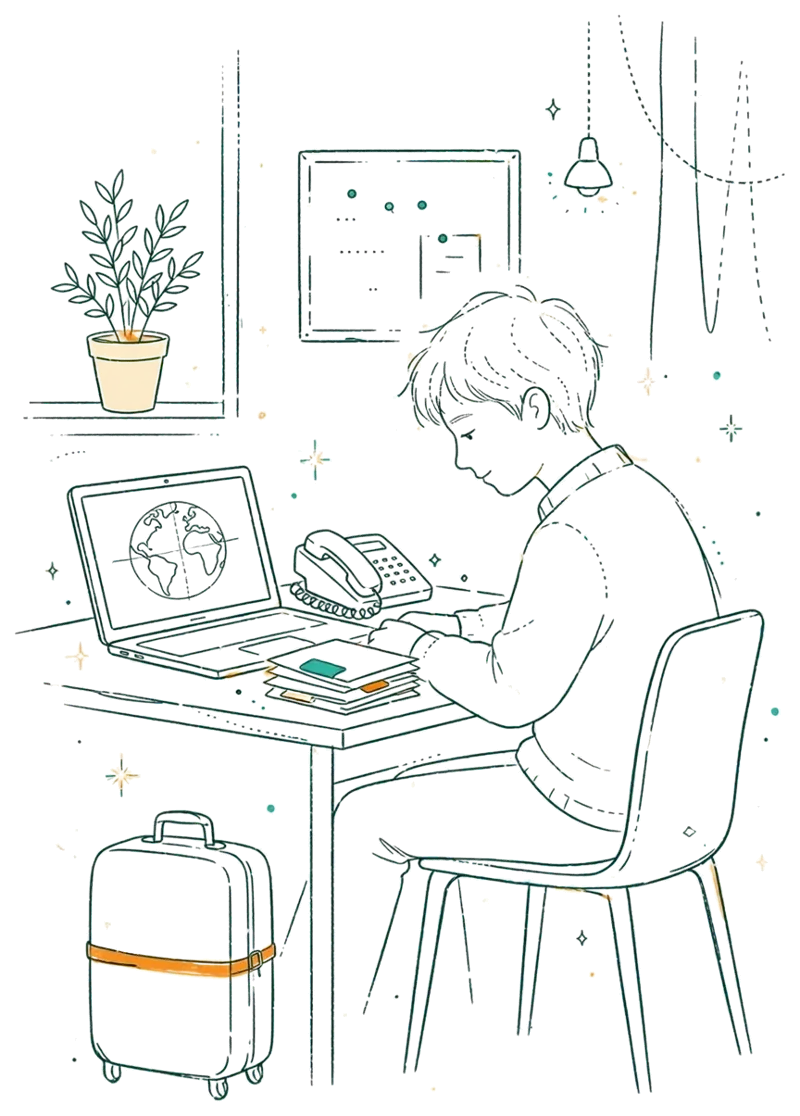Dessin au trait : bureau de vendeur voyages avec valise