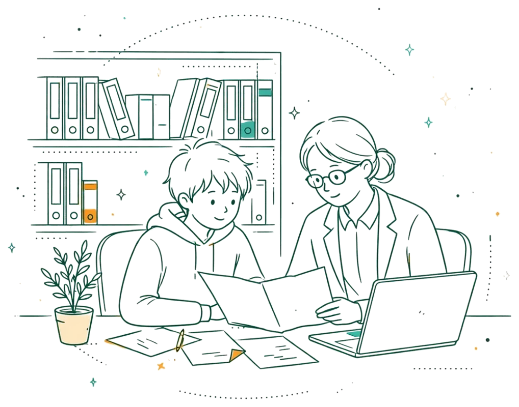Dessin au trait : signature du contrat d’apprentissage au bureau