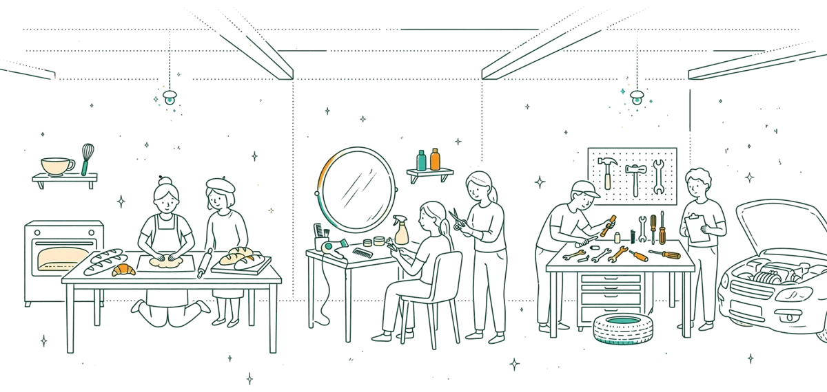 Dessin au trait : hall de formation aux métiers artisanaux