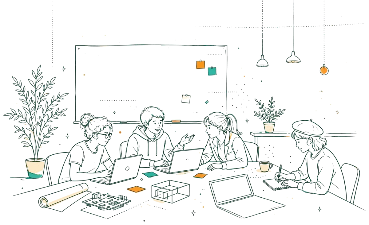 Dessin au trait : étudiants autour d’une table en incubateur