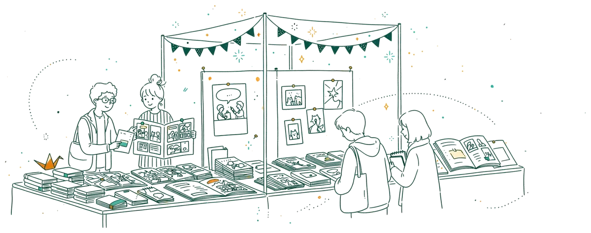 Dessin au trait : stand d’exposition avec albums et fanzines d’étudiants