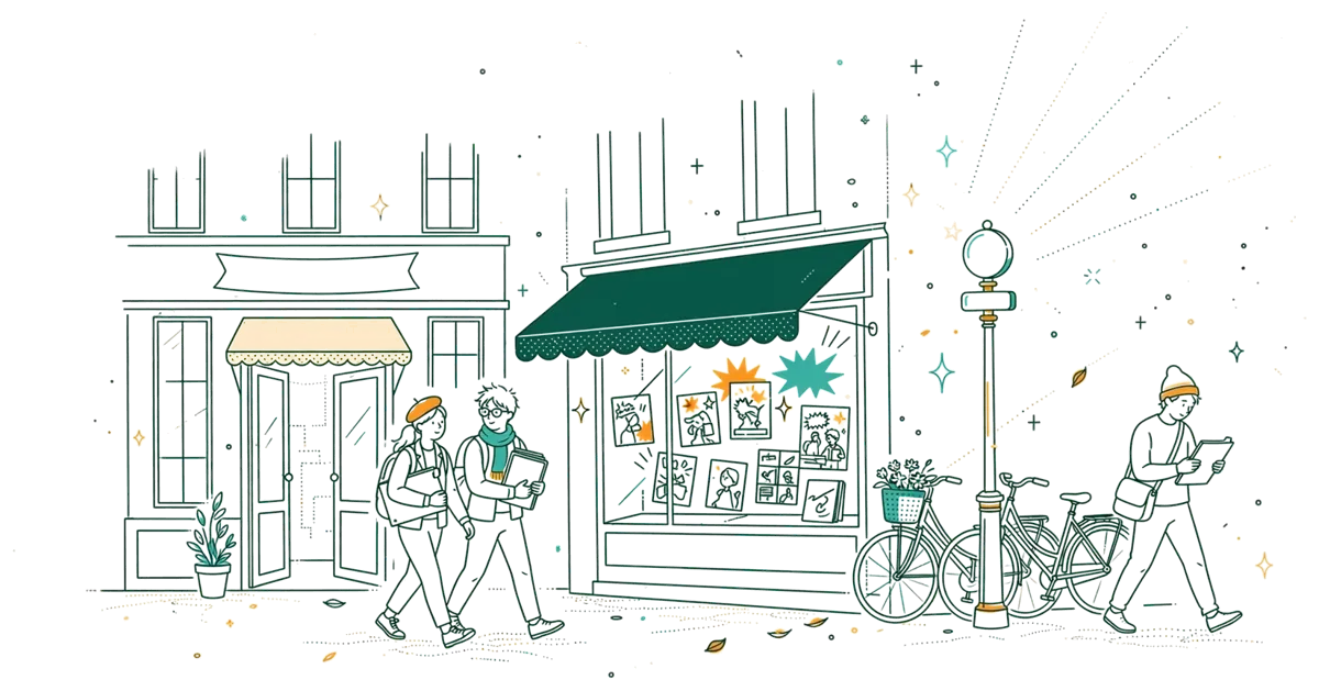 Dessin au trait : rue animée devant l’école dans le 11e arrondissement