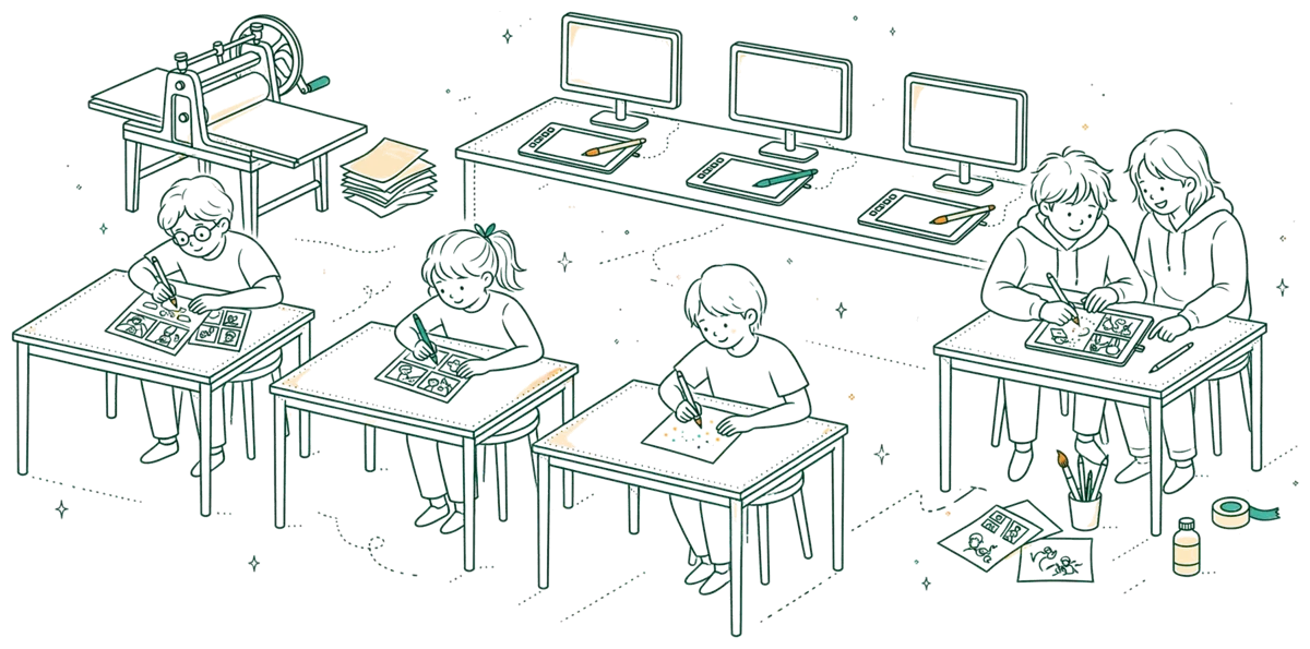 Dessin au trait : salle équipée de tables lumineuses et tablettes