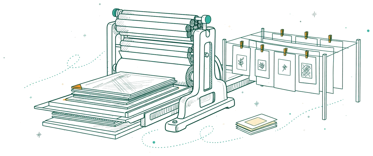 Dessin au trait : presse à gravure avec estampes en séchage