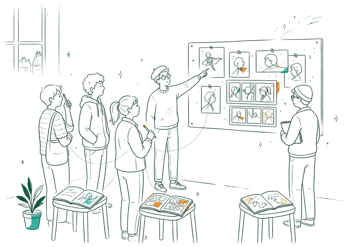 Dessin au trait : séance critique autour de planches affichées au mur