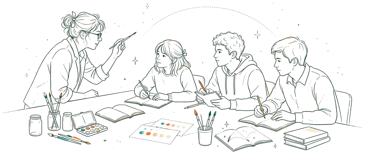 Dessin au trait : démonstration d’encrage devant des étudiants attentifs