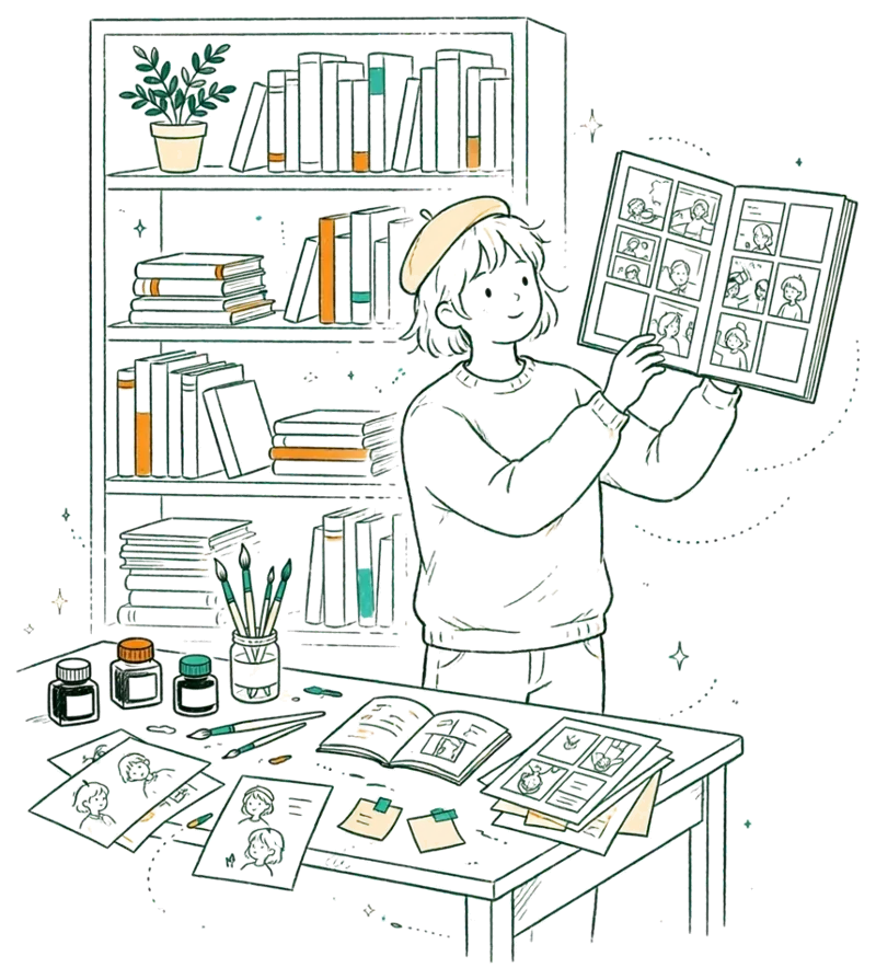Dessin au trait : étudiante qui présente sa maquette d’album BD