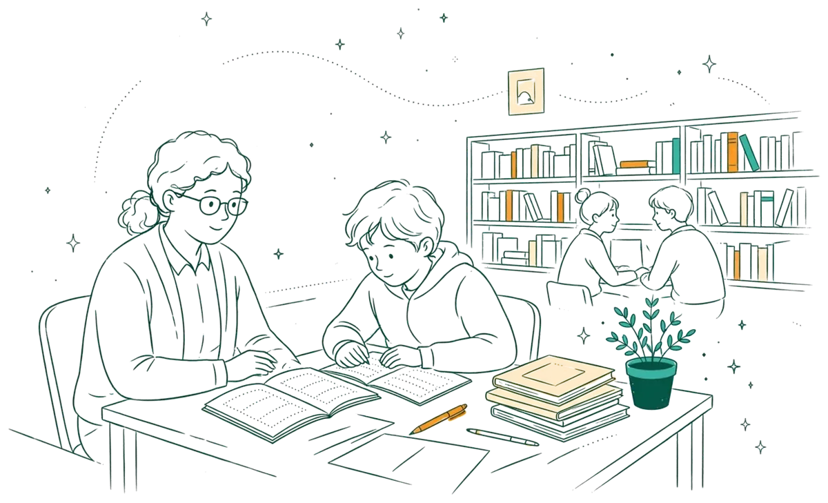 Dessin au trait : étudiante accompagnée par un formateur autour d’une table