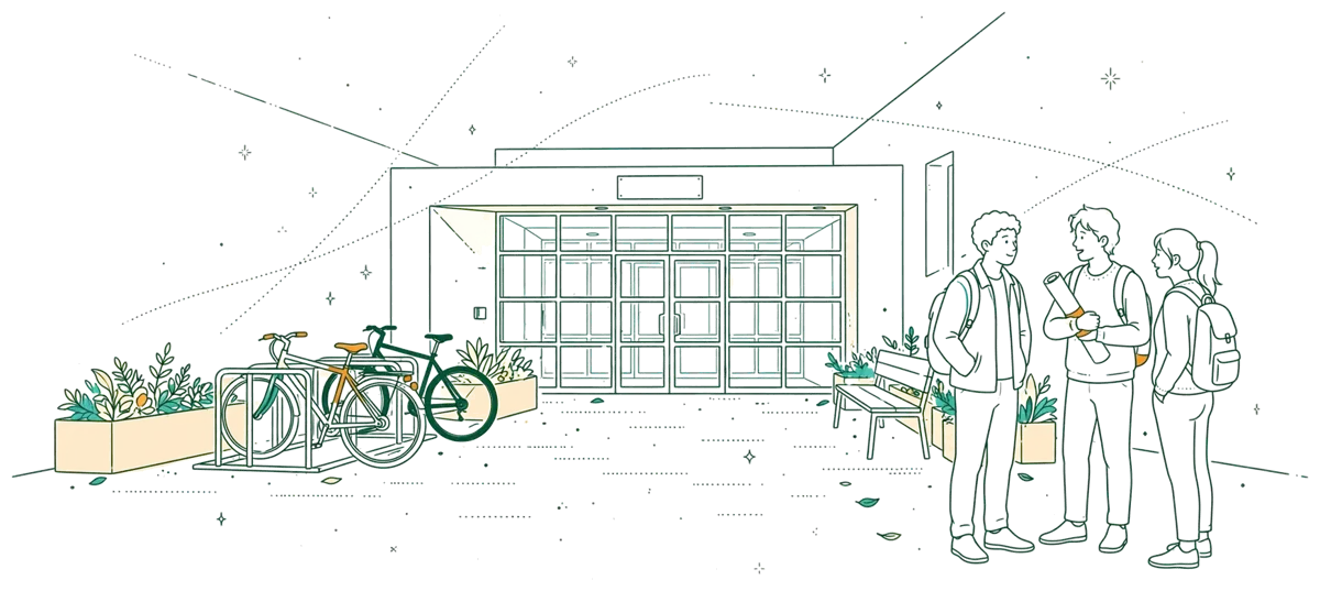 Dessin au trait : entrée du campus avec étudiants sur le parvis.