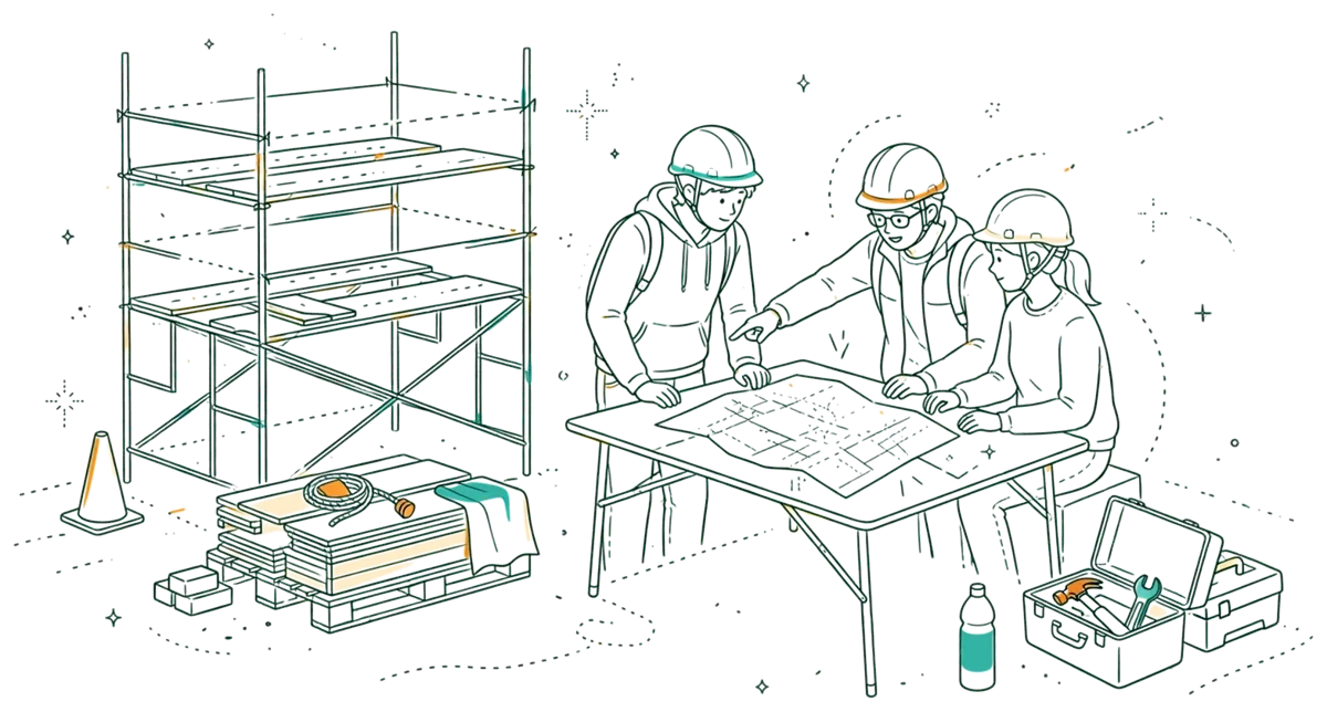Dessin au trait : réunion de chantier autour d’une maquette