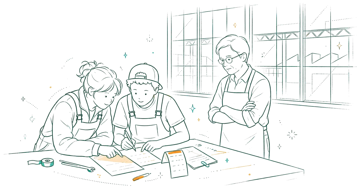 Dessin au trait : apprentis examinant contrat et salaire en atelier