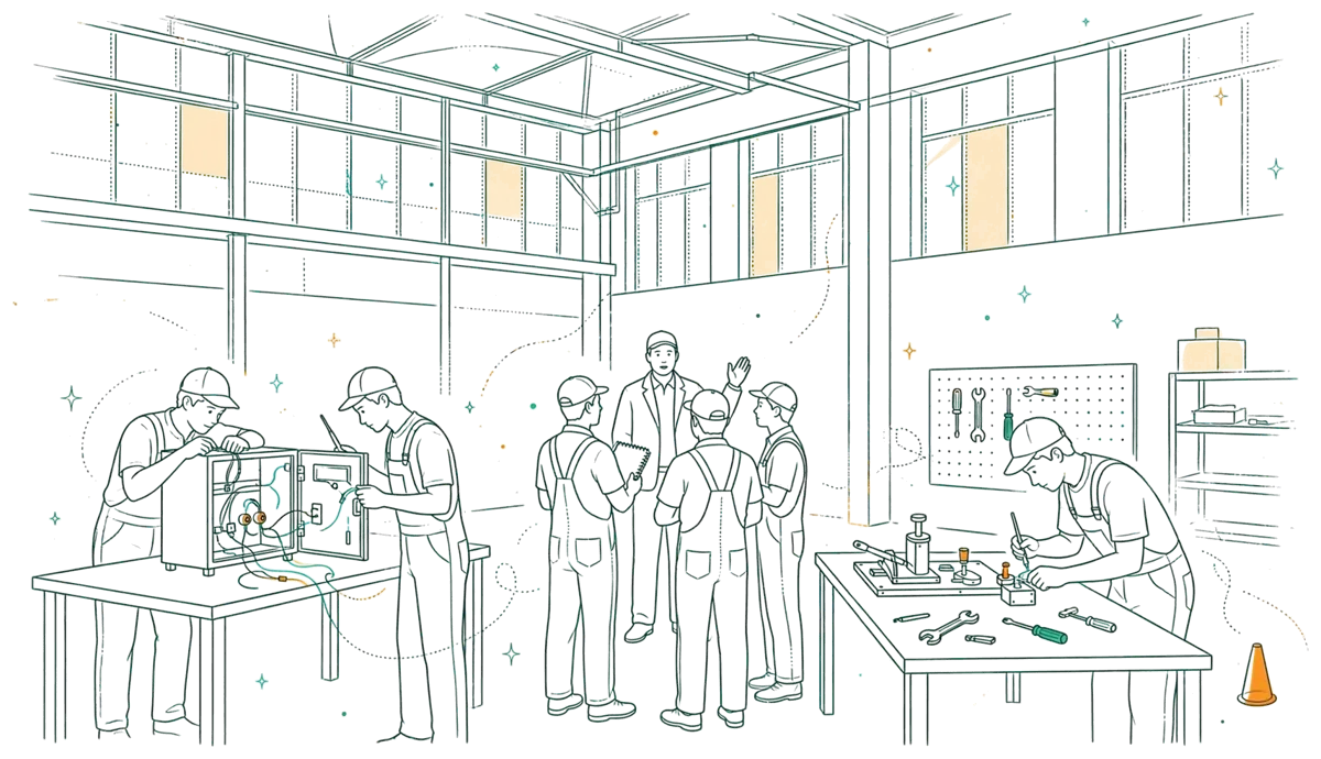 Dessin au trait : apprentis et formateur dans un hall industriel
