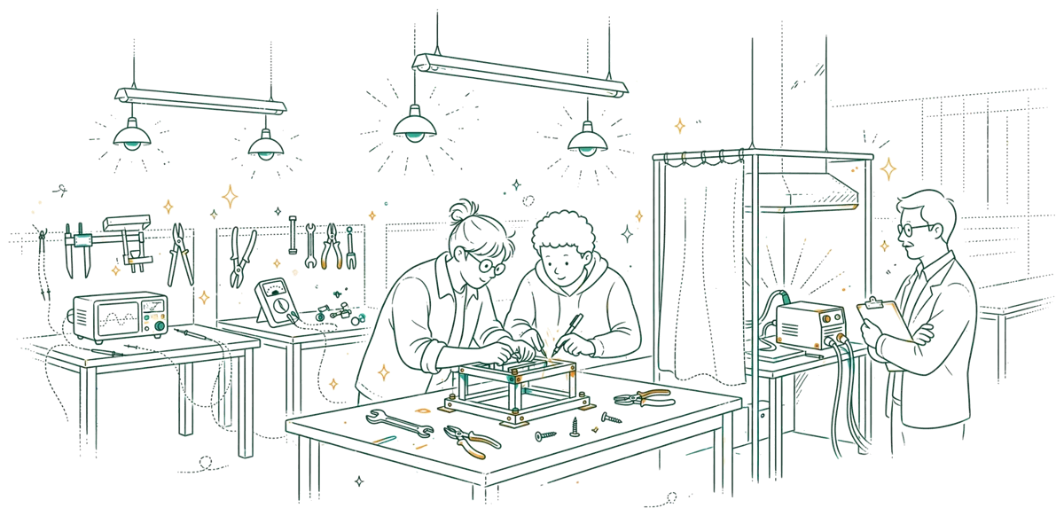 Dessin au trait : plateau technique avec établis et cabines