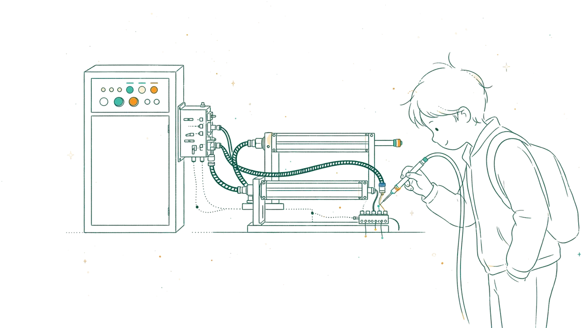Dessin au trait : banc pédagogique avec automate et vérins