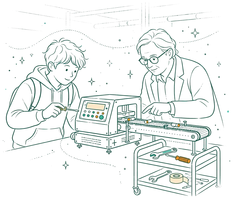 Dessin au trait : apprenti et tuteur réglant une machine en entreprise