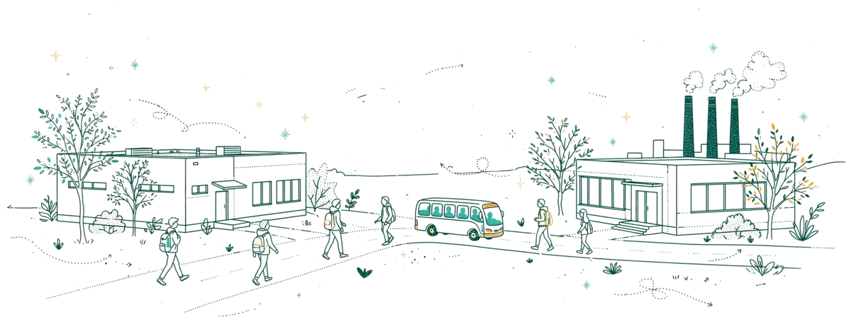 Dessin au trait : deux bâtiments de formation reliés par un bus