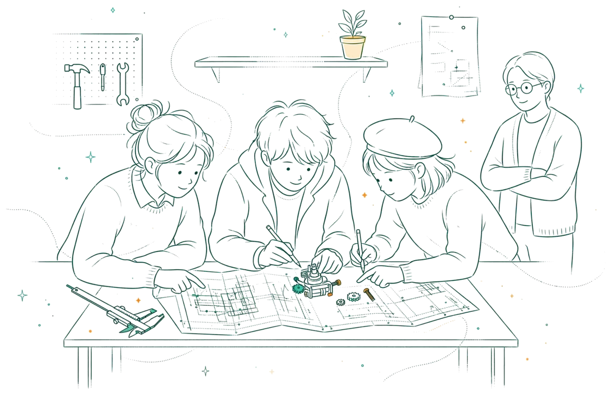Dessin au trait : apprentis en projet autour de plans techniques