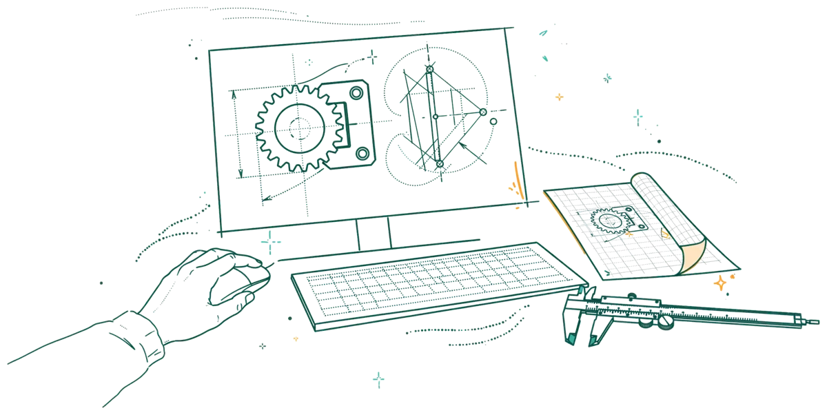 Dessin au trait : écran avec plan mécanique et outils
