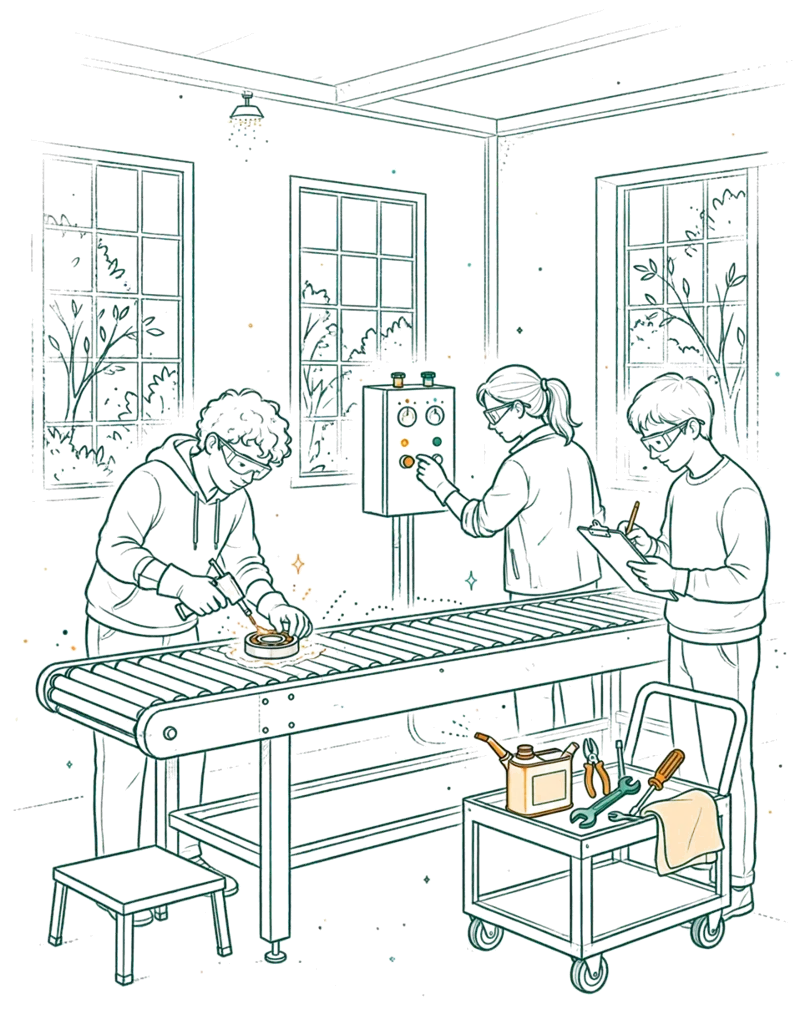 Dessin au trait : apprenti en maintenance sur machine de production