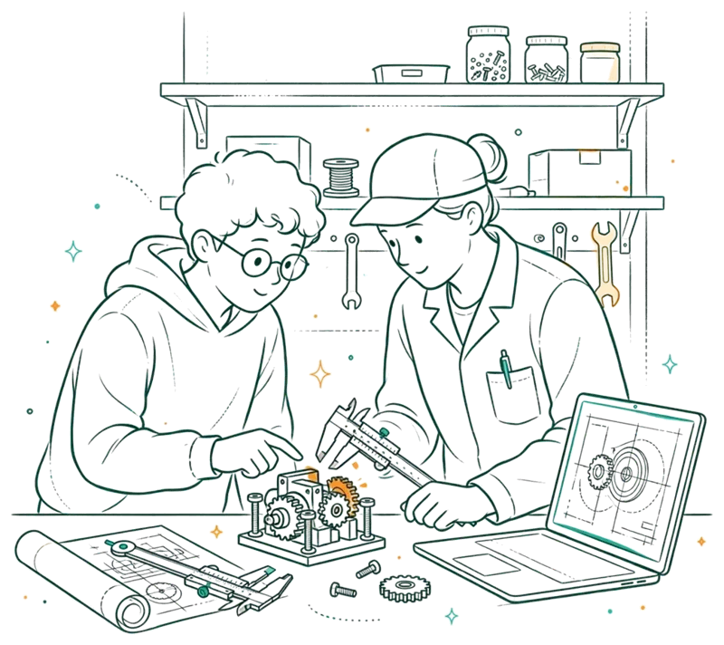 Dessin au trait : apprenti en bureau d’études avec plans industriels