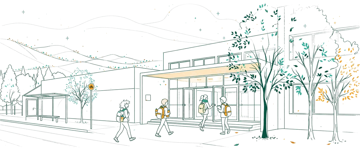 Dessin au trait : entrée du campus avec étudiants sur le parvis