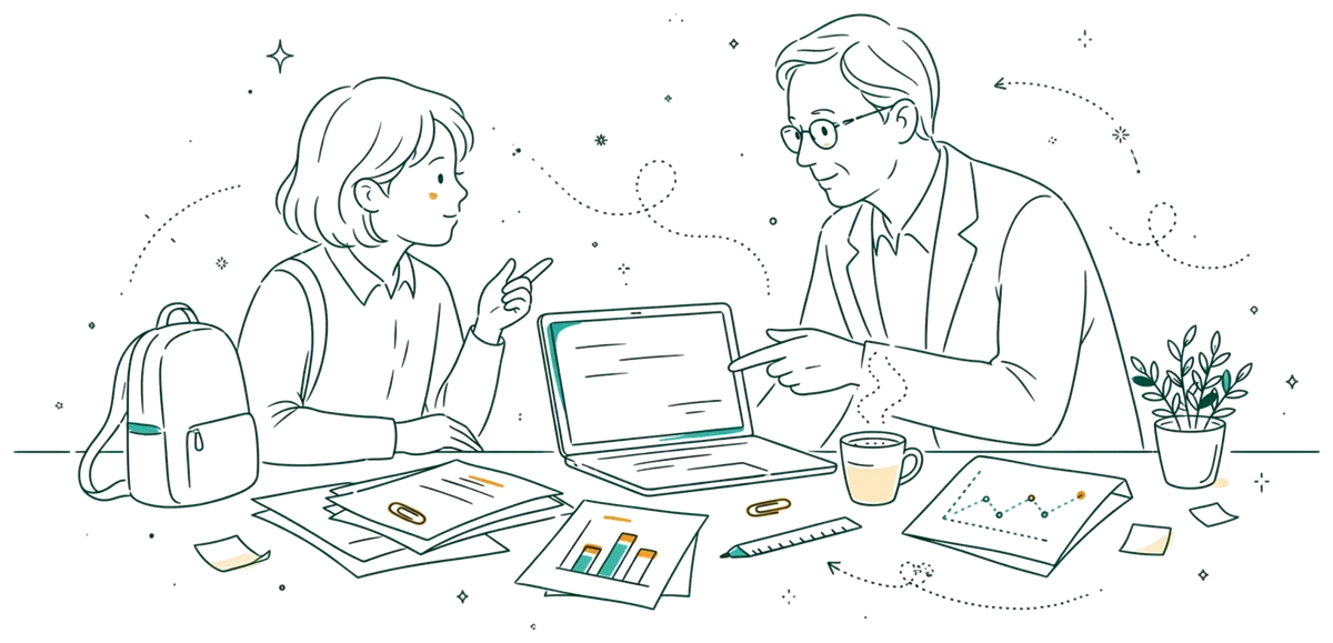 Dessin au trait : apprenti en entreprise avec son tuteur