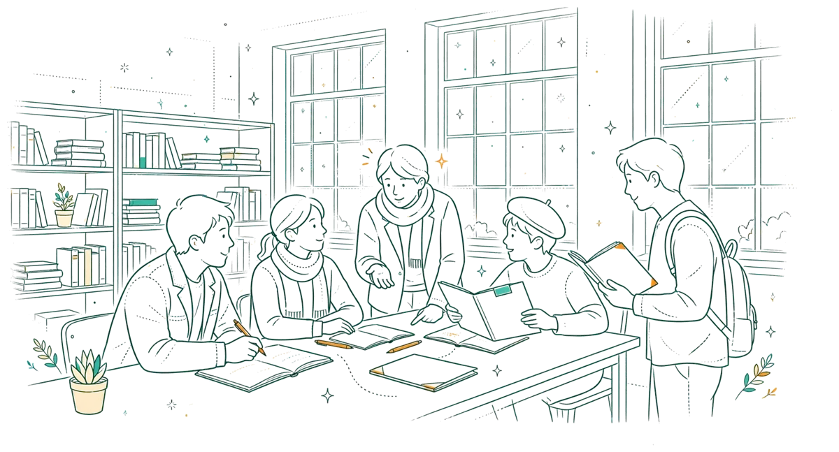 Dessin au trait : anciens élèves qui échangent avec des apprentis