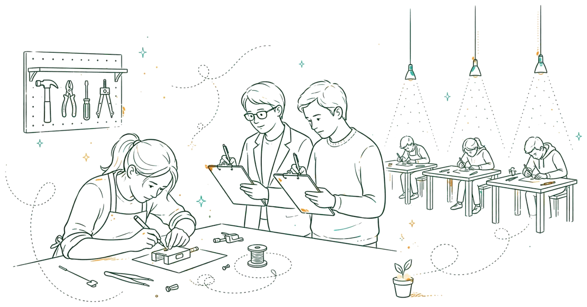 Dessin au trait : apprenti en concours devant un jury