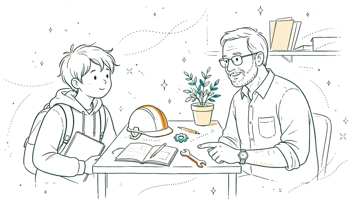 Dessin au trait : apprenti en entreprise avec son tuteur