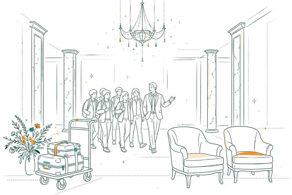 Dessin au trait : visite d’étudiants dans un grand hall d’hôtel.