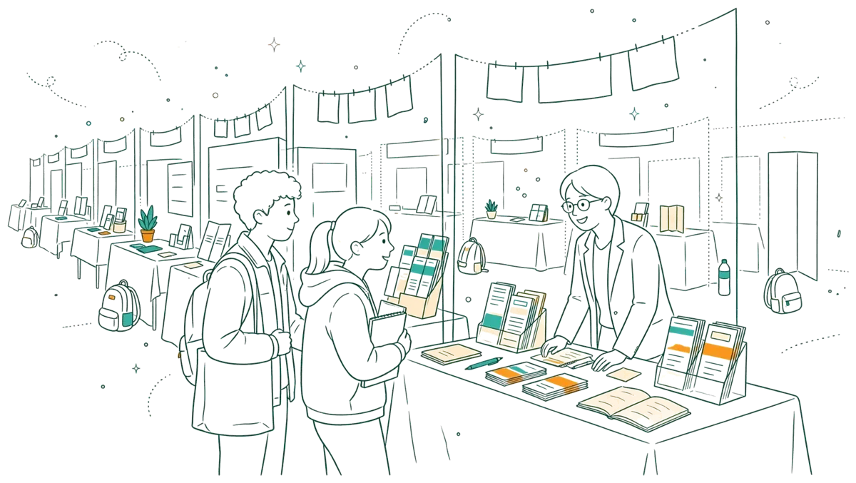 Dessin au trait : lycéens discutant sur un stand de salon