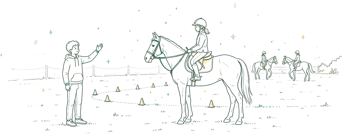 Dessin au trait : jeune coach guidant un cavalier à cheval