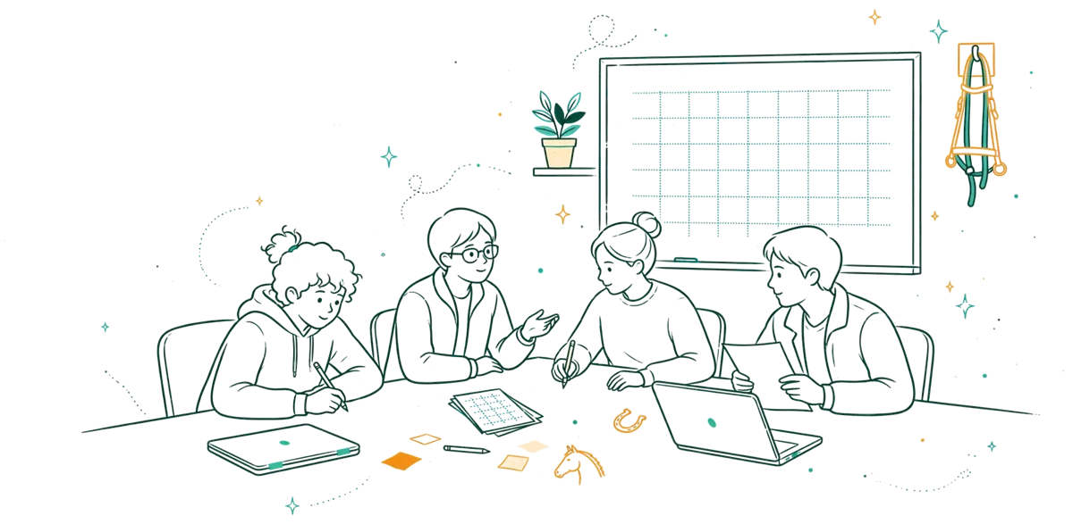 Dessin au trait : enseignants préparant un plan de saison ensemble